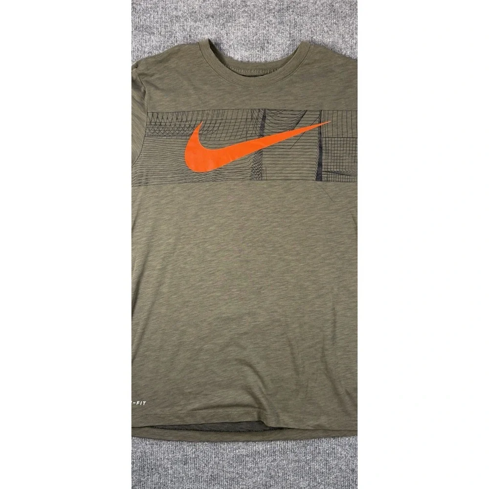 Nike Dri-FIT Men's Medium Cotton Slub Training T-Shirt Olive Green Orange Swoosh